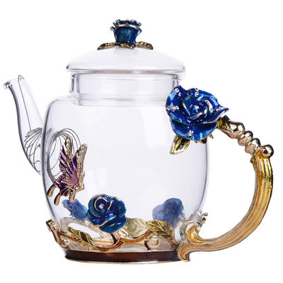 Floral Teapot Microwavable σχεδίων λουλουδιών, εκλεκτής ποιότητας Teapot γυαλιού με τα χρυσά φύλλα προμηθευτής